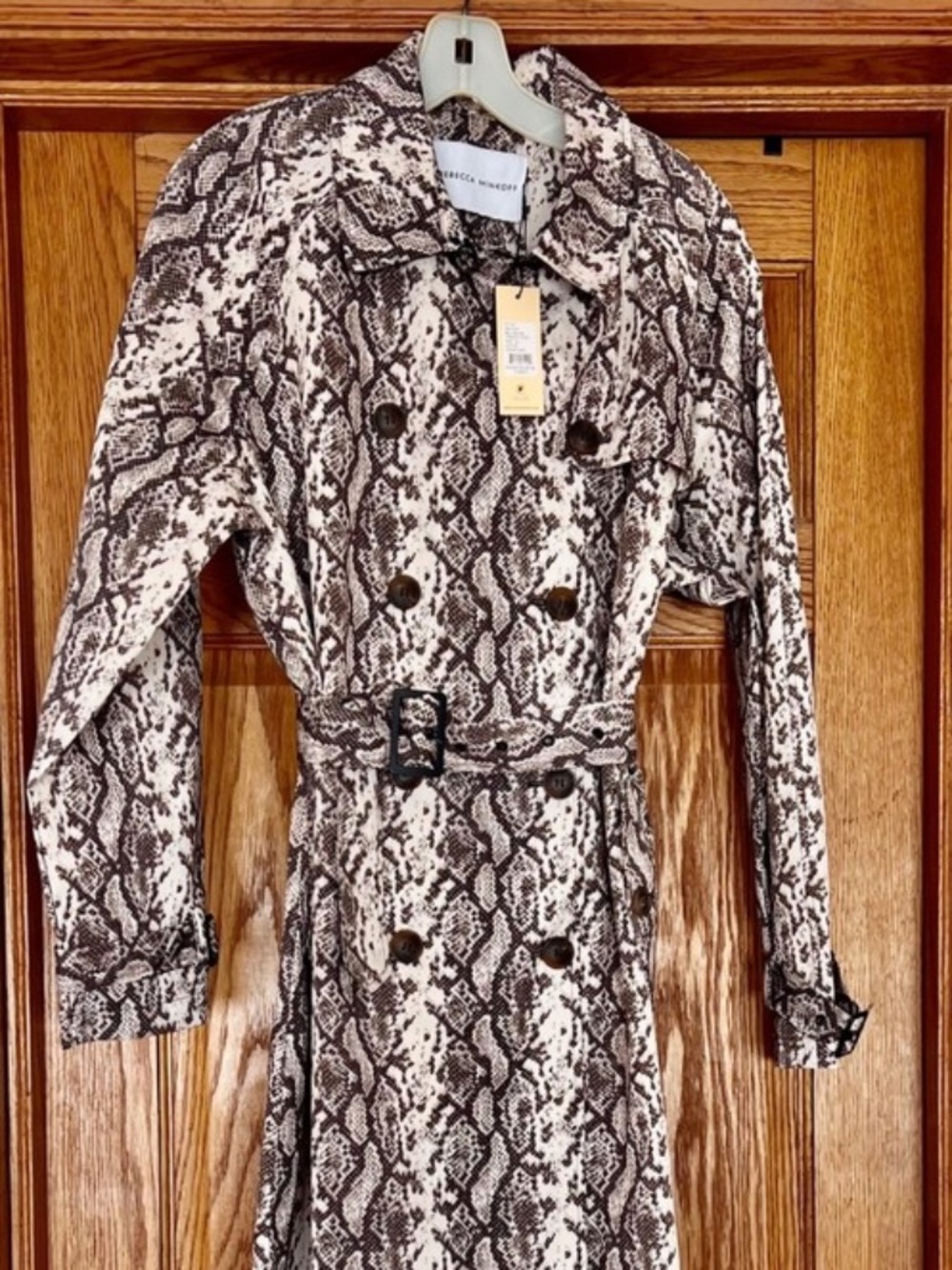 $298 M Women's NWT Rebecca Minkoff Snake Print Belted Trench Coat Brown Beige - Picture 4 of 9